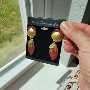 Post earrings gold tone with red painted metal Rhinestone ethnic cultural
